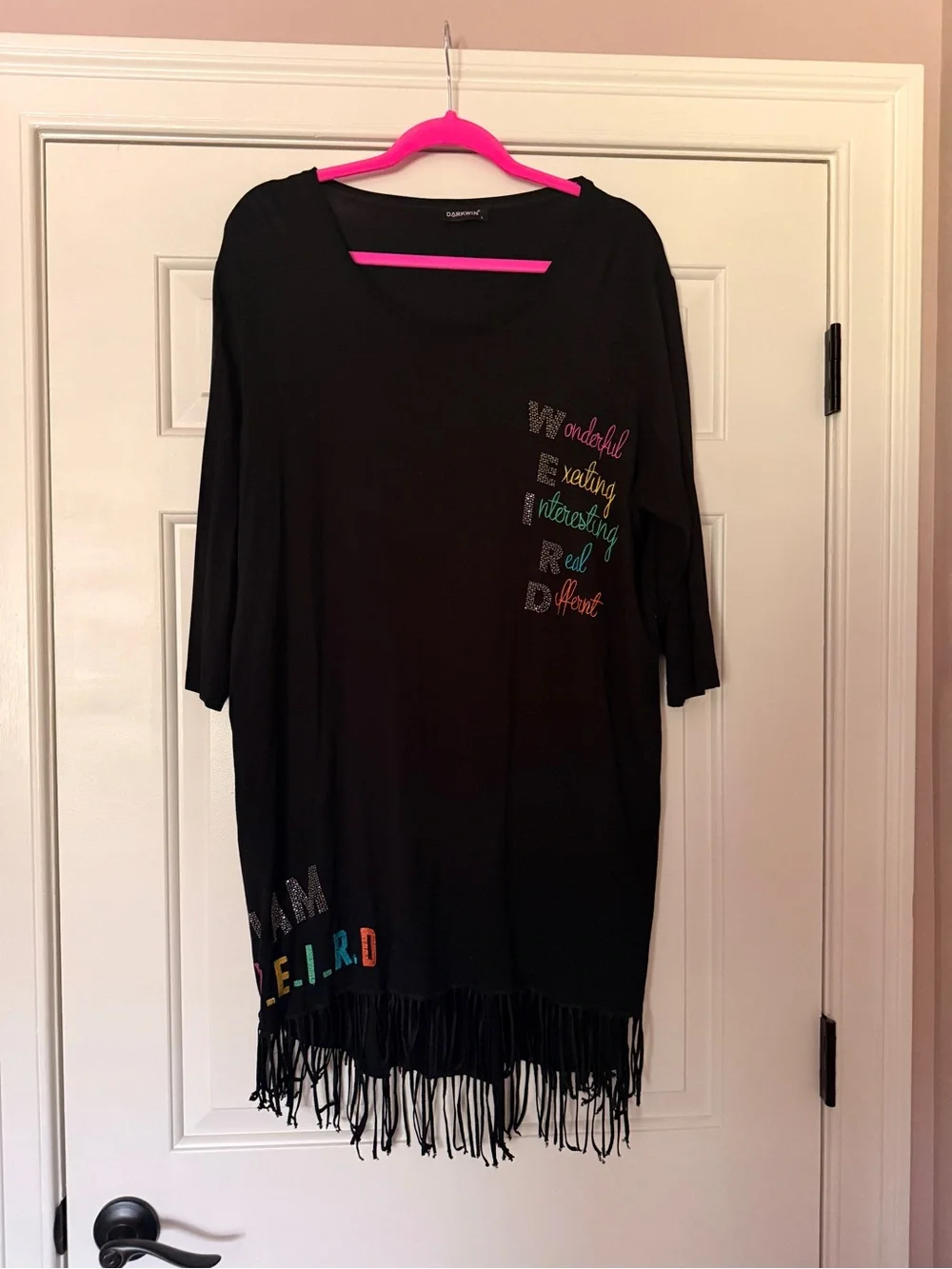 Black Fringe Tunic with Multicolor Embroidered Lettering